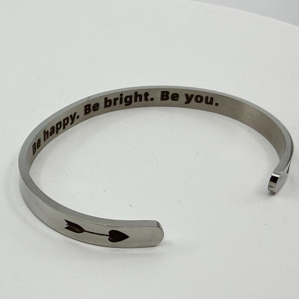 Inspirational Cuff Bracelet Be Happy Be Bright Be You Silver Tone Arrow Design
